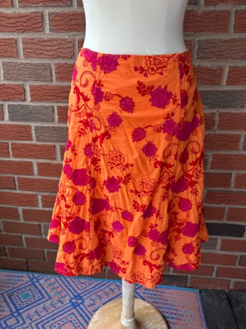 Johnny Was Orange Knee Length Skirt w Magenta & Red Floral Embroidery - Sz 10